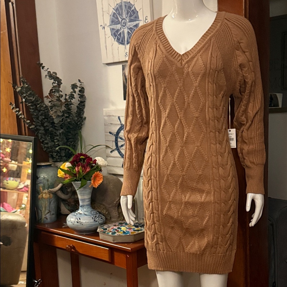NWT Dex size small oversized baggy Cable Knit Sweater Dress in caramel colour